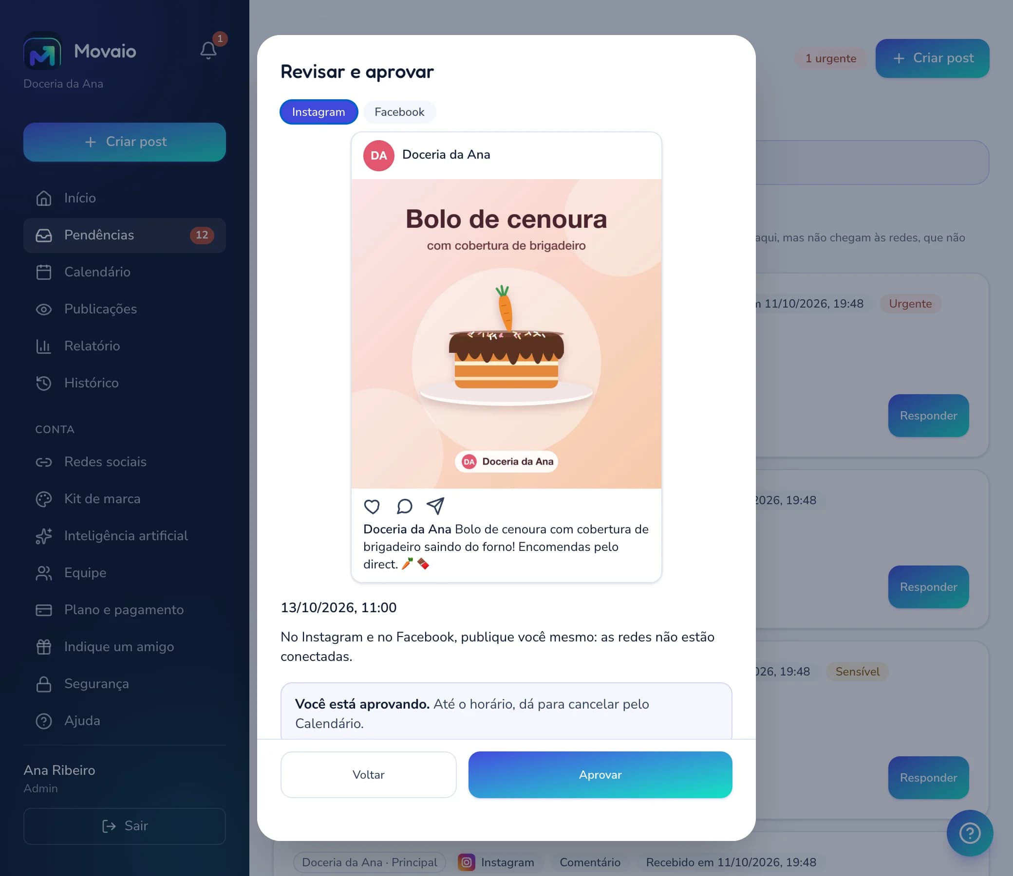Tela real do Movaio: revisão final do post, com o aviso 'Você está aprovando' e os botões Editar e Aprovar e agendar