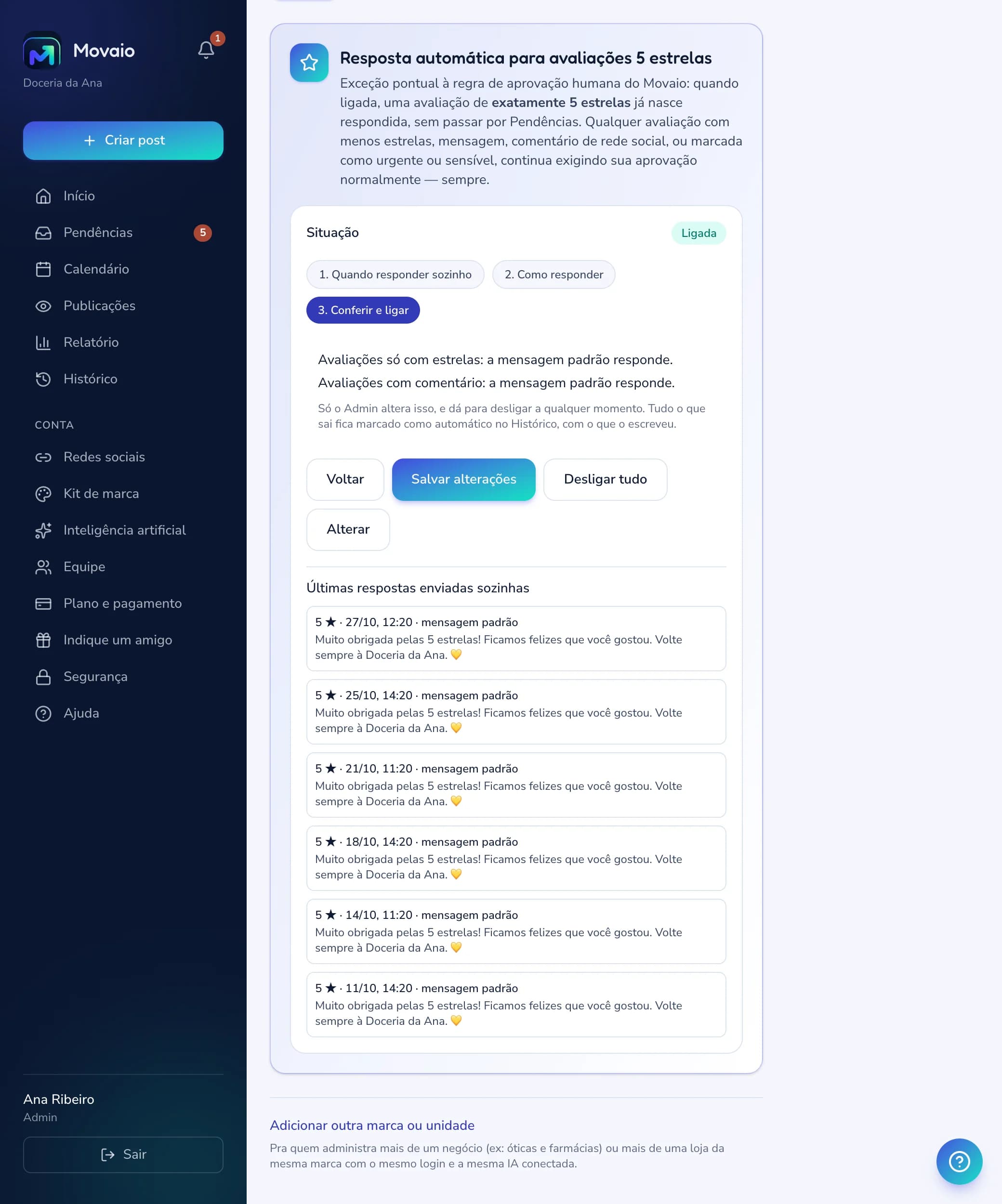 Tela real do Movaio: a configuração da resposta automática de 5 estrelas, ligada, com os três passos, o resumo e as últimas respostas enviadas sozinhas