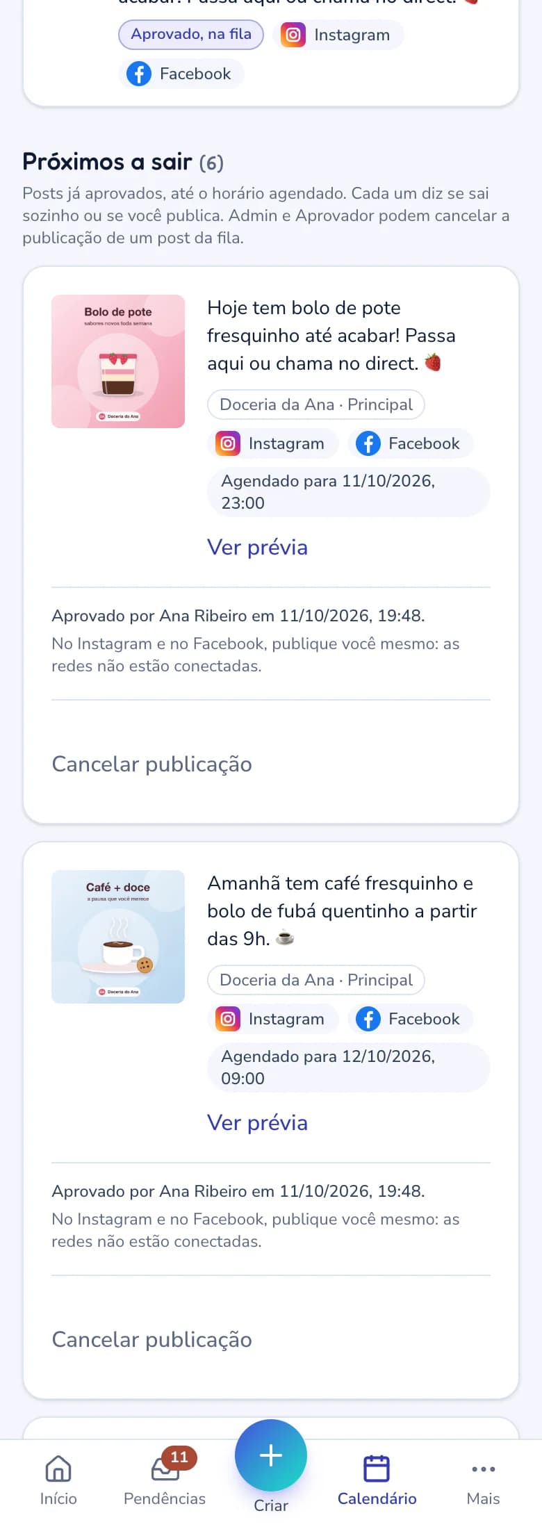Tela real do Movaio no celular: a lista de posts na fila para publicar, com quem aprovou e o botão de cancelar