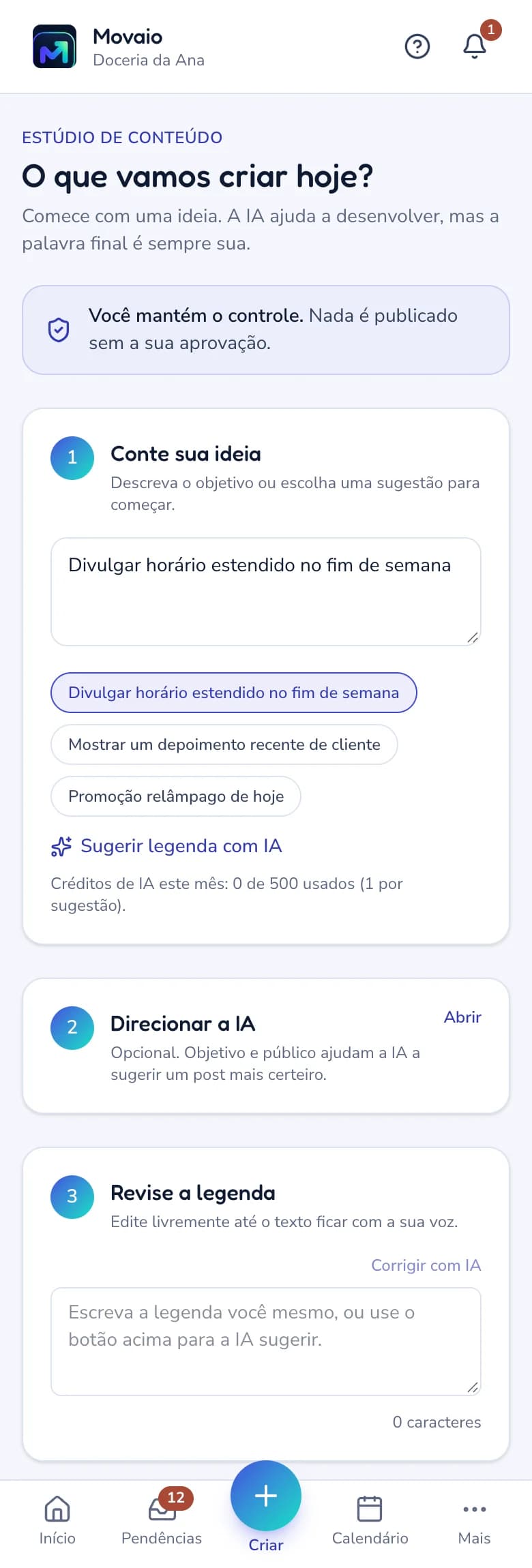 Tela real do Movaio no celular: o estúdio de conteúdo, com a ideia escrita, as sugestões de ideia e o botão para a IA sugerir a legenda