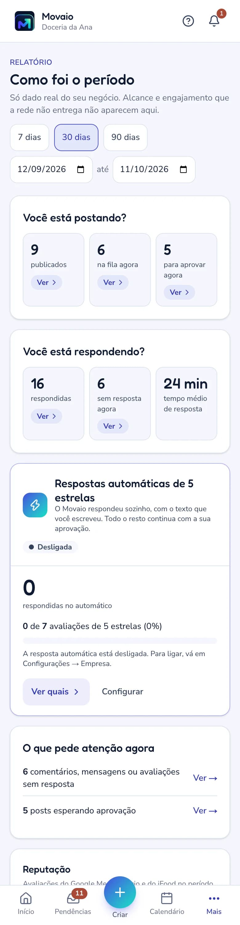 Tela real do Movaio no celular: o Relatório do período, com os números de posts e de respostas